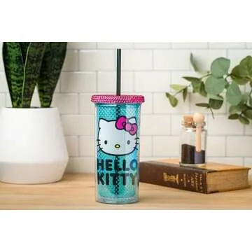 Silver Buffalo Hello Kitty Core Pink Bow Blue Dot Pattern 20oz Plastic Tall Cold Cup with Rhinestone Lid and Straw