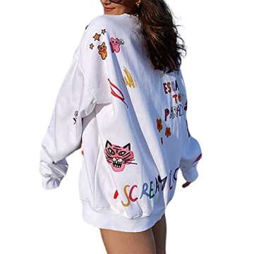 Suolongsama Women Casual Oversized Lightweight Long Sleeve Sweatshirt Loose Fit Pullover Y2K Fall Long Top Streetwear (White, Medium)