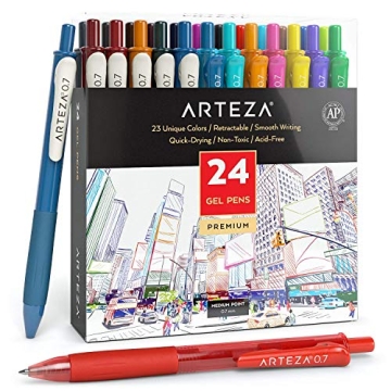 Arteza Colored Gel Pens, Pack of 24, 10 Vintage and 14 Vibrant Colors, Fine 0.7 mm Tip, Retractable,...