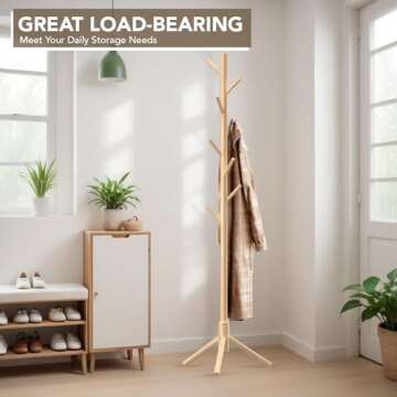 Hupmad Wooden Tree Coat Rack Stand,Sturdy Freestanding Coat Rack with 8 Hooks,3 Adjustable Height fo...