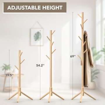 Hupmad Wooden Tree Coat Rack Stand,Sturdy Freestanding Coat Rack with 8 Hooks,3 Adjustable Height for Child Adult,Wood Coat Stand Tree Fits Entryway Bedroom Office for Bags,Hats
