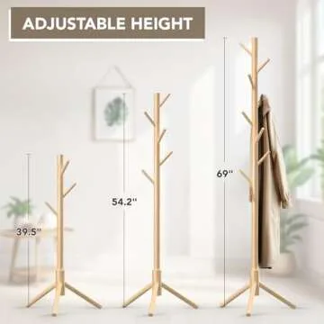 Hupmad Wooden Tree Coat Rack Stand,Sturdy Freestanding Coat Rack with 8 Hooks,3 Adjustable Height for Child Adult,Wood Coat Stand Tree Fits Entryway Bedroom Office for Bags,Hats