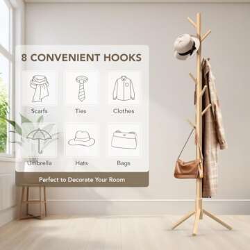 Hupmad Wooden Tree Coat Rack Stand,Sturdy Freestanding Coat Rack with 8 Hooks,3 Adjustable Height for Child Adult,Wood Coat Stand Tree Fits Entryway Bedroom Office for Bags,Hats