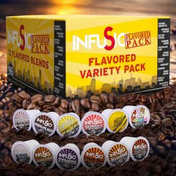 InfuSio Flavored Coffee Pods 96 Count Variety Pack 12 Exquisite Medium Bold Roast Flavored Single-Se...