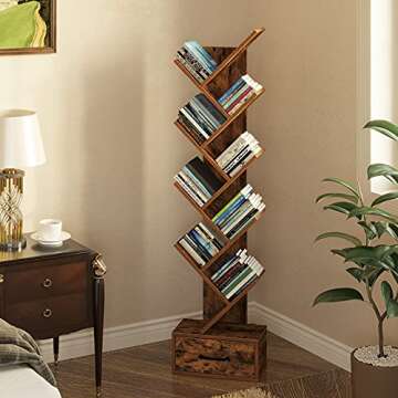 Rolanstar Bookshelf with Wooden Drawer, 9 Shelf Tree Bookshelf, Modern Book Storage, Free Standing T...