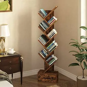 Rolanstar Bookshelf with Wooden Drawer, 9 Shelf Tree Bookshelf, Modern Book Storage, Free Standing T...