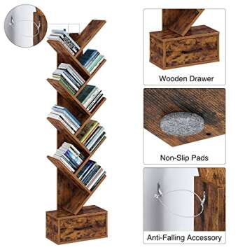 Rolanstar Bookshelf with Wooden Drawer, 9 Shelf Tree Bookshelf, Modern Book Storage, Free Standing Tree Bookcase, Utility Organizer Shelves for Home Office, Living Room, Bedroom, Rustic Brown
