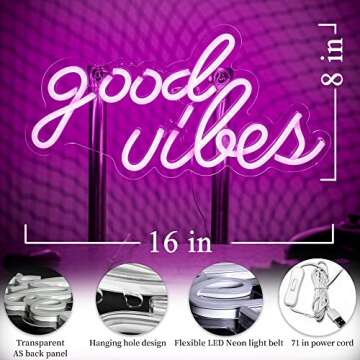 ROYOCE Good Vibes Neon Sign, Neon Lights for Bedroom Wall Decor, Pink LED Neon Signs (16 x 8 inch)
