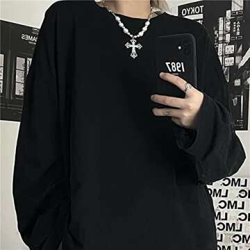 Women Pearl Necklace Goth Cross Pattern (Picture Color,alloy)