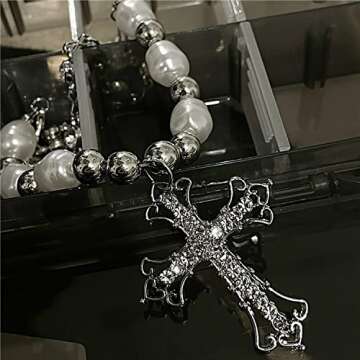 Women Pearl Necklace Goth Cross Pattern (Picture Color,alloy)