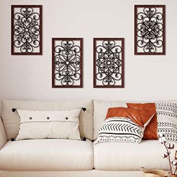 Yulejo 4 Pcs Thicken Rustic Wall Decor Modern Farmhouse Wall Art Decor Wooden Hollow Carved Design R...