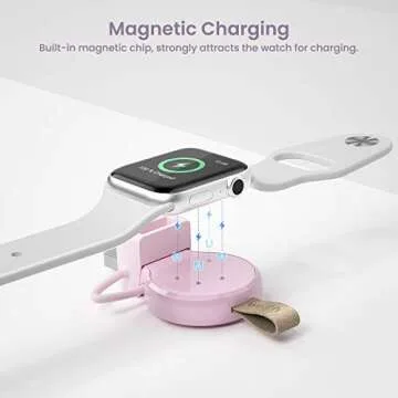 NEWDERY Charger for Apple Watch Portable iWatch USB Wireless Charger, Travel Cordless Charger with Light Weight Magnetic Quick Charge for Apple Watch Ultra2/1 Series 10 9 8 7 6 5 4 3 2 1 SE, Pink