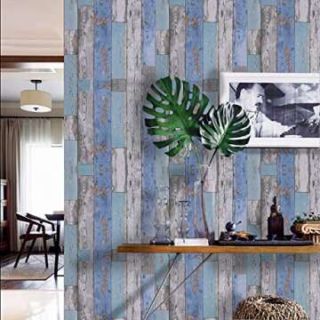 Art3d 17.7"x78.7" Peel and Stick Wallpaper - Decorative Self Adhesive Vinyl Film Wood Grain Wallpaper for Furniture Cabinet Countertop Shelf Paper, Blue Distressed Wood
