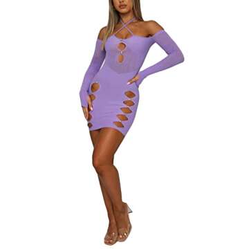 Adorafitall Women Sexy Hollow Out Hanging Neck Bodycon Mini Dress Mesh Long Sleeve Cutout See Through Dress Party Wrap Dress
