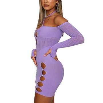 Adorafitall Women Sexy Hollow Out Hanging Neck Bodycon Mini Dress Mesh Long Sleeve Cutout See Through Dress Party Wrap Dress