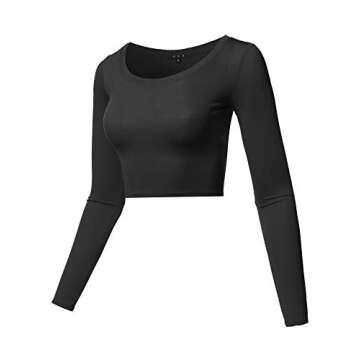 Basic Solid Stretchable Scoop Neck Long Sleeve Crop Top Black M