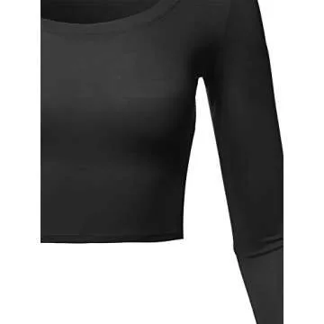 Basic Solid Stretchable Scoop Neck Long Sleeve Crop Top Black M