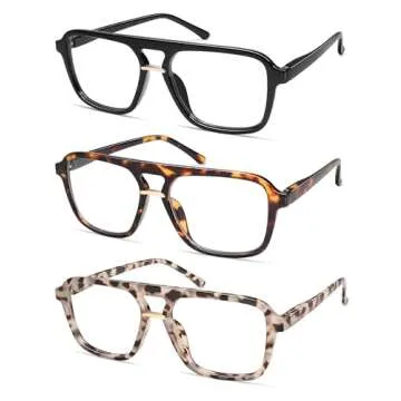 AMOMOMA 3 Pack Trendy Aviator Reading Glasses for Women Men Stylish Square Blue Light Blocking Readers AM6164 Mix (+3.00 Magnification Strength)