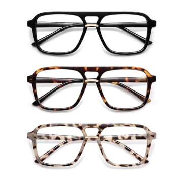 AMOMOMA 3 Pack Trendy Aviator Reading Glasses for Women Men Stylish Square Blue Light Blocking Readers AM6164 Mix (+3.00 Magnification Strength)