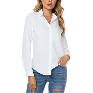 jonivey Womens Stretch Button Down Long Sleeve Shirt Soft Basic Wrinkle Free Work Business Formal Casual Blouse (White,M)