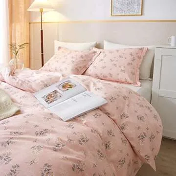 HighBuy Cute Duvet Cover Twin Sets Pink Floral Bedding Set 100% Cotton,3 Pieces Garden Style Flower Branches Cottagecore Comforter Cover with 2 Pillowcases,All Seasons