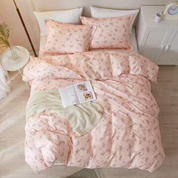 HighBuy Cute Duvet Cover Twin Sets Pink Floral Bedding Set 100% Cotton,3 Pieces Garden Style Flower Branches Cottagecore Comforter Cover with 2 Pillowcases,All Seasons