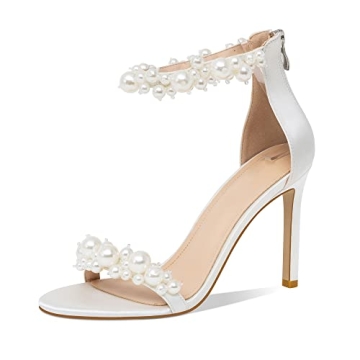 yowmns White Women's Heeled Sandals Pearl Decoration Open Toe Stiletto Heels Wedding Sexy Back Zippe...