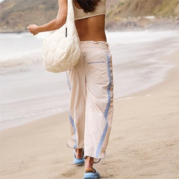 Miqil Women's Casual Loose Striped Sweatpants Y2K Sporty Elastic High Waist Drawstring Wide Leg Barrel Pants Going Out Pants