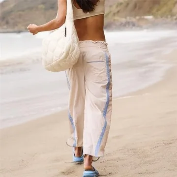 Miqil Women's Casual Loose Striped Sweatpants Y2K Sporty Elastic High Waist Drawstring Wide Leg Barrel Pants Going Out Pants