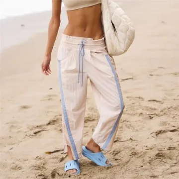 Miqil Women's Casual Loose Striped Sweatpants Y2K Sporty Elastic High Waist Drawstring Wide Leg Barrel Pants Going Out Pants