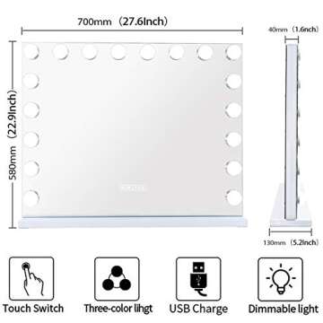 FENCHILIN Vanity Mirror with Lights and Bluetooth, Hollywood Lighted Makeup Mirror with 18 Dimmable LED Bulbs 3 Color Lighting, Tabletop Or Wall Mounted 27.6 x 22.9 Inch