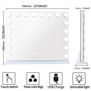 FENCHILIN Vanity Mirror with Lights and Bluetooth, Hollywood Lighted Makeup Mirror with 18 Dimmable LED Bulbs 3 Color Lighting, Tabletop Or Wall Mounted 27.6 x 22.9 Inch