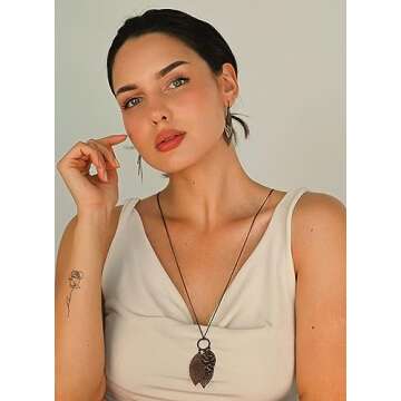 POMINA Chocolate Gold Silver Two Tone Filigree Fall Leaf Necklace Fashion Statement Chic Sweater Chain Long Necklace for Women (Worn Choco Gold)