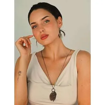 POMINA Chocolate Gold Silver Two Tone Filigree Fall Leaf Necklace Fashion Statement Chic Sweater Chain Long Necklace for Women (Worn Choco Gold)