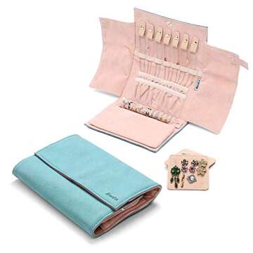 Becko US Jewelry Organizer Roll Travel Jewel Bag case for Multiple Necklaces, Rings, Bracelets, Supple Leather & Suede, Large Capacity Without Crease, Lightweight, Portable & Practical (Blue)