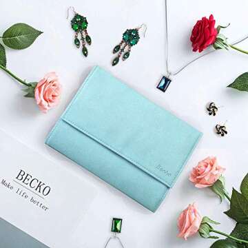 Becko US Jewelry Organizer Roll Travel Jewel Bag case for Multiple Necklaces, Rings, Bracelets, Supple Leather & Suede, Large Capacity Without Crease, Lightweight, Portable & Practical (Blue)