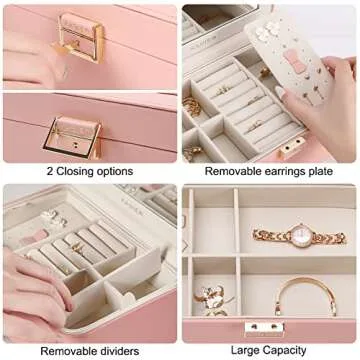 KAMIER Jewelry Boxes for Women, 2 Layers PU Leather Travel Jewelry Box, Large Capacity, Double Lock and Large Mirror, Hidden Necklace Hooks, Removable Dividers, Gift Box Packaging, Pink