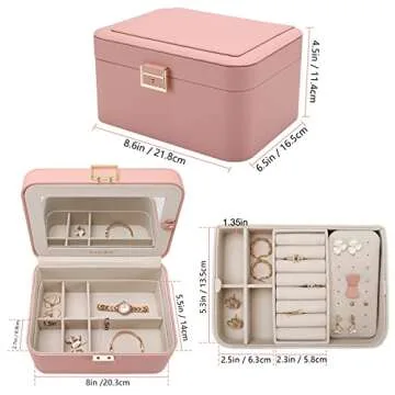 KAMIER Jewelry Boxes for Women, 2 Layers PU Leather Travel Jewelry Box, Large Capacity, Double Lock and Large Mirror, Hidden Necklace Hooks, Removable Dividers, Gift Box Packaging, Pink