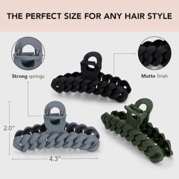Kitsch Recycled Plastic Large Claw Clip, Big Chain Hair Clips for Women, Large Hair Claw Clips & Jaw Clips, Big Claw Clips for Thick Hair, Claw Hair Clips for Girls (3pc Set Black/Moss)