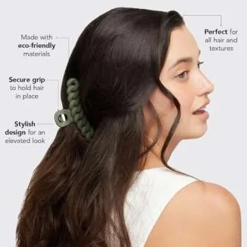 Kitsch Recycled Plastic Large Claw Clip, Big Chain Hair Clips for Women, Large Hair Claw Clips & Jaw Clips, Big Claw Clips for Thick Hair, Claw Hair Clips for Girls (3pc Set Black/Moss)