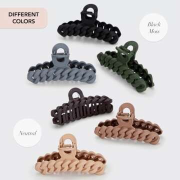 Kitsch Recycled Plastic Large Claw Clip, Big Chain Hair Clips for Women, Large Hair Claw Clips & Jaw Clips, Big Claw Clips for Thick Hair, Claw Hair Clips for Girls (3pc Set Black/Moss)