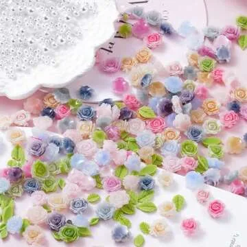 MOLILON Flower Nail Charms, 100pcs 3D Flowers for Nails Gradient Flower Leaf Nail Pearl Rose Spring Nail Art Resin Nail Design Acrylic Manicure Decoration for Women Girl Craft DIY