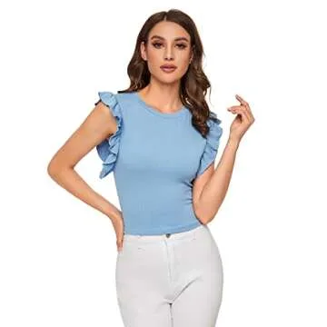 Romwe Women's Ruffle Trim Flutter Sleeve Slim Fit Basic Ribbed Knit Tee Shirt Tops Light Blue Large