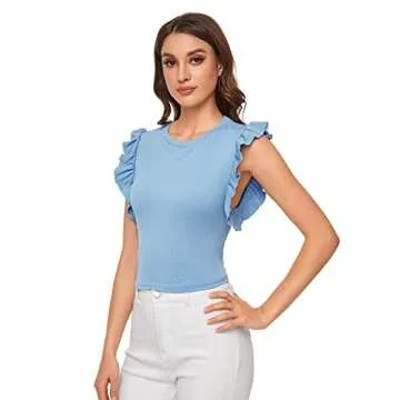 Romwe Women's Ruffle Trim Flutter Sleeve Slim Fit Basic Ribbed Knit Tee Shirt Tops Light Blue Large