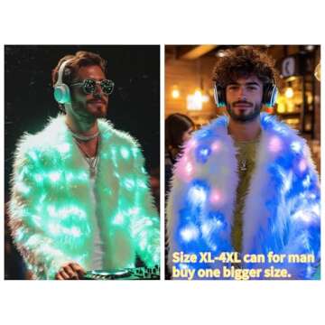 SHINYOU Women Faux Fur Jacket LED Light Up Jacket Halloween Chirstmas Music Festival Gift Winter night out coat Plus Size(White Plus Size, L)