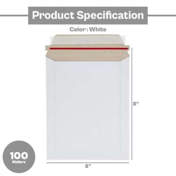 PSBM Rigid Mailers, 6x8 Inch, 100 Pack, Kraft White Cardboard Shipping Envelopes for Photo & Documen...