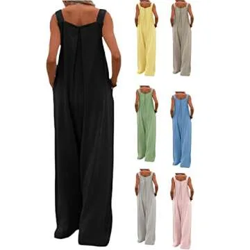LWXQWDS Wide Leg Overalls for Women Sleeveless Jumpsuits Suspender Overalls Loose Comfy Baggy Button Rompers with Pockets (Khaki, Small)