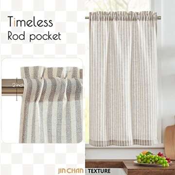 jinchan Linen Kitchen Curtains 36 Inch Length Striped Tier Curtains Ticking Stripe Small Drapes for Living Room Bathroom Cafe Small Window Farmhouse Rustic Pinstripe Rod Pocket 2 Panels Taupe
