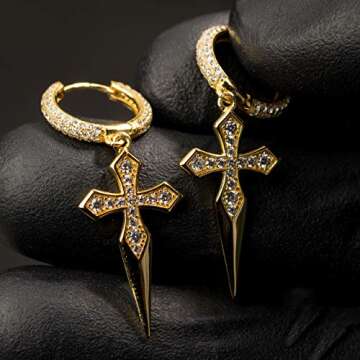 Dagger Cross Dangle Drop Trendy Yellow Gold Plated 925 Sterling Silver Iced Hoops Hypoallergenic Hoo...