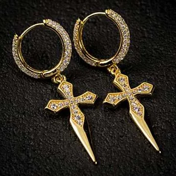 Dagger Cross Dangle Drop Trendy Yellow Gold Plated 925 Sterling Silver Iced Hoops Hypoallergenic Hoop Earrings Hanging CZ Stone Spike Earrings For Men Women Fashion Jewelry